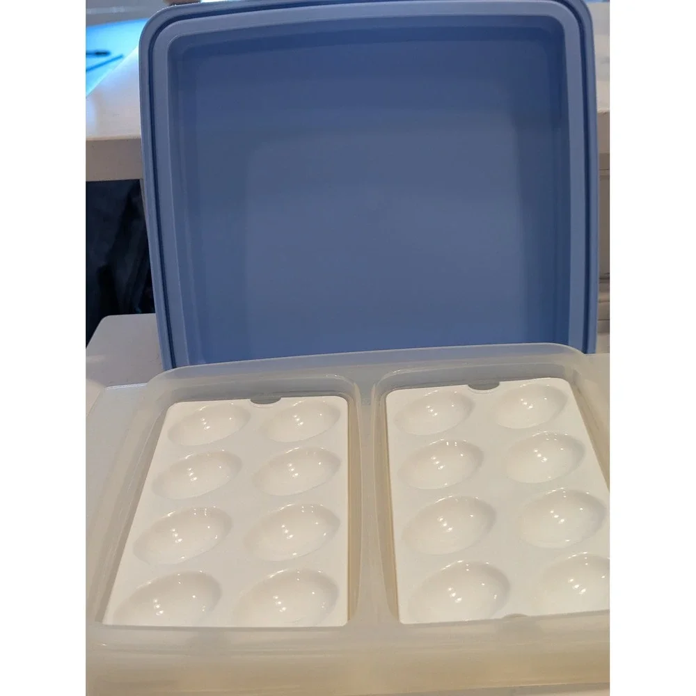 Tupperware Deviled Egg Carrier 16 Slot Blue Lid Clear Base Removable Trays 722-4